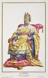 Kang Tsi (1662-1722) Manchurisk kejsare av Kina från "Receuil des Estampes, Representant les Rangs et les Dignites, suivant le Costume de toutes les Nations existantes", publicerad 1780 (handkolorerad eng.)